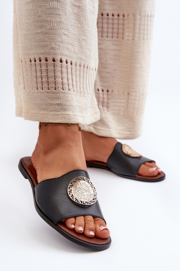 Zazoo 2938 Pantoufles en cuir avec des talons larges avec des ornements couleur noire