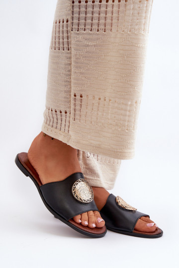 Zazoo 2938 Pantoufles en cuir avec des talons larges avec des ornements couleur noire 2