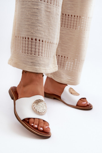 Zazoo 2938 Pantoufles en cuir avec des talons larges avec des ornements couleur blanche