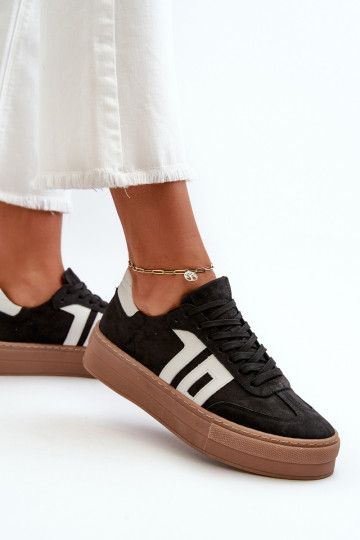 Chaussures de sport en cuir pour femmes avec plateforme Zazoo N1095S2 couleur noire