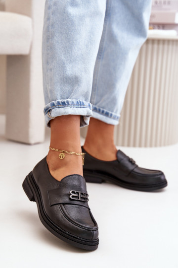 Chaussures en cuir élégantes pour femmes avec larges talons de couleur noire Zazoo 20174