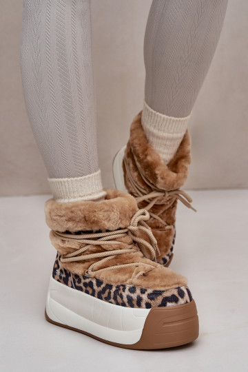 Bottes de neige en cuir pour femmes sur semelle épaisse avec fourrure et motif léopard Big Star OO274A208 marron
