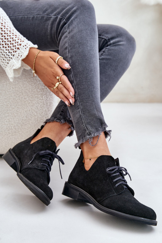 Zazoo 2959 en daim chaussures Oksfordki avec des lacets avec des talons larges couleur noire Zazoo 2959 en daim chaussures Oksfordki avec des lacets avec des talons larges couleur noire