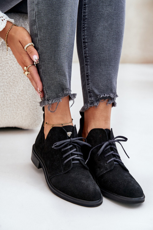 Zazoo 2959 en daim chaussures Oksfordki avec des lacets avec des talons larges couleur noire Zazoo 2959 en daim chaussures Oksfordki avec des lacets avec des talons larges couleur noire