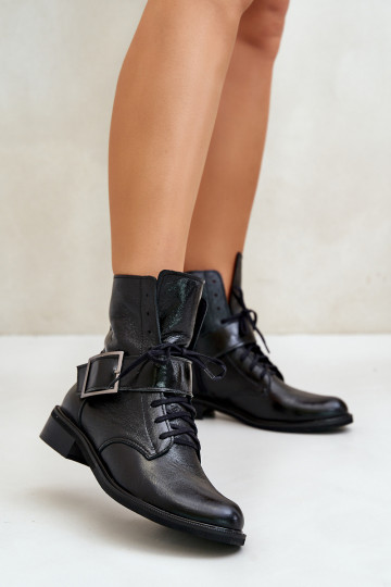 Zazoo 2949 bottines en cuir avec boucles, couleur noire