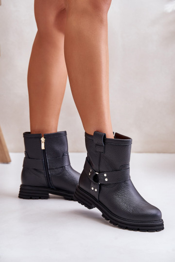 Bottines en cuir pour femmes avec talons larges LeĮskis 3610 couleur noire