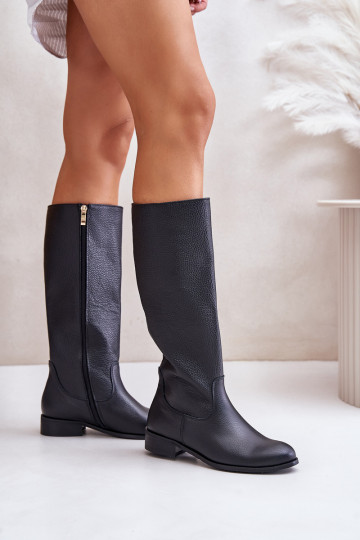 Bottes en cuir pour femmes, mi-mollet, noires LeĮskis 3616