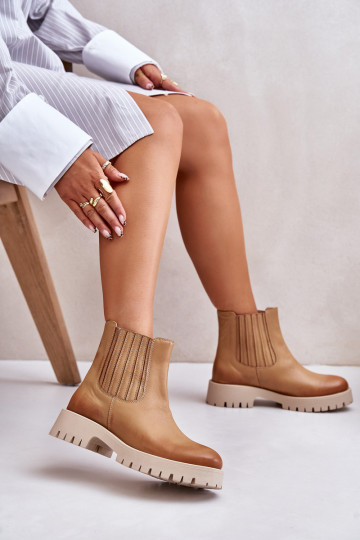 Bottines à enfiler pour femmes avec larges talons, en cuir, marron LeĮskis 3611