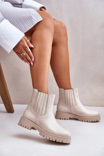 Bottines à enfiler pour femmes avec larges talons, en cuir, couleur ivoire LeĮskis 3611