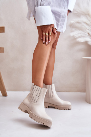Bottines à enfiler pour femmes avec larges talons, en cuir, couleur ivoire LeĮskis 3611 2