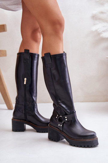 Bottes en cuir pour femmes, jusqu'aux genoux, noires LeĮskis 3432