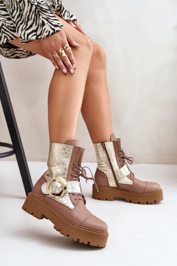 Bottines de travail en cuir avec boucles dorées, couleur sable Zazoo 2942