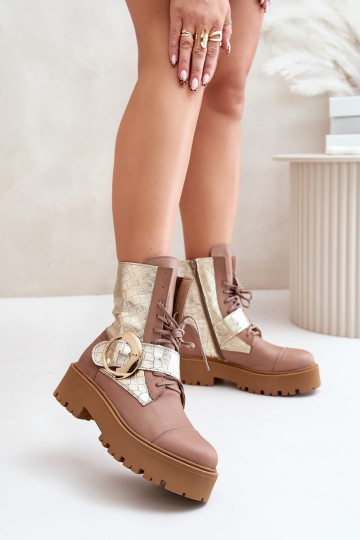 Bottines de travail en cuir avec boucles dorées, couleur sable Zazoo 2942 2
