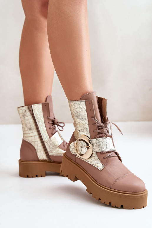 Zazoo 2942 Peau Bottines de travail avec boucles dorées beige