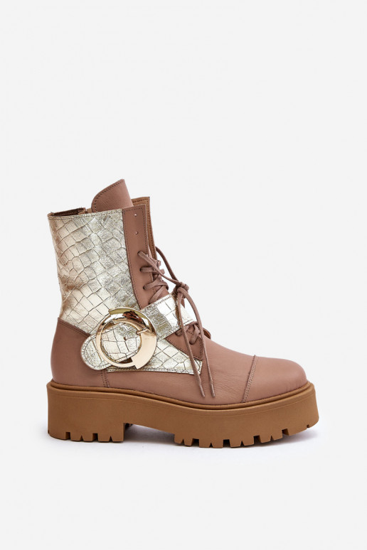 Zazoo 2942 Peau Bottines de travail avec boucles dorées beige