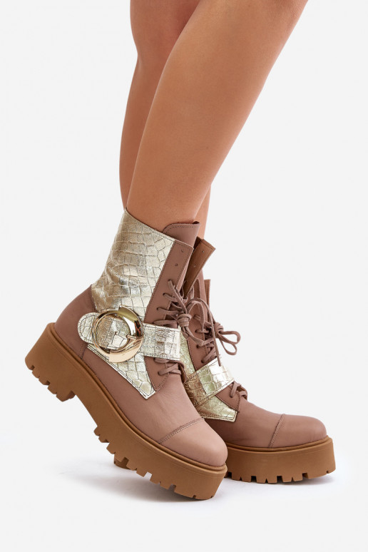 Zazoo 2942 Peau Bottines de travail avec boucles dorées beige