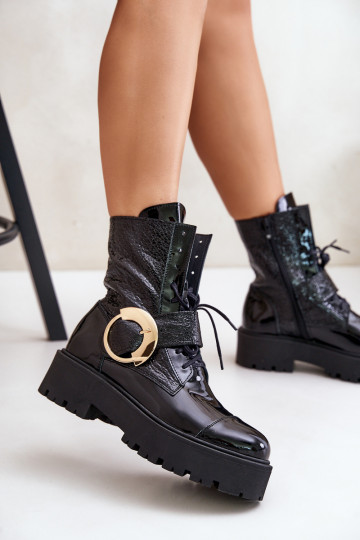 Zazoo 2942 Peau Bottines de travail avec boucles dorées couleur noire