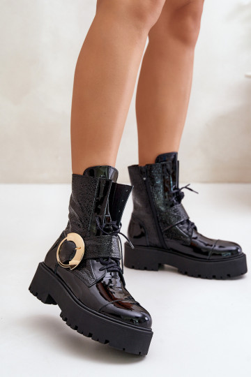 Bottines de travail en cuir avec boucles dorées, noires Zazoo 2942 2