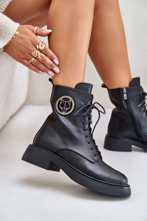 Peau Bottes chaudes à lacets Au Château avec des ornements couleur noire Lorevine