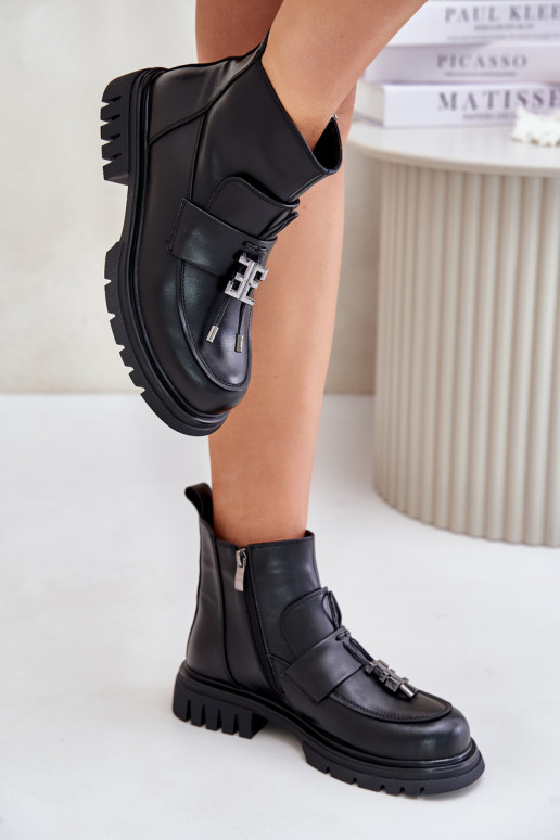 Peau Bottes avec des talons larges avec des ornements réchauffer couleur noire Asperra