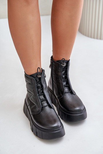 Bottines en cuir avec plateforme sur talonnette Zazoo 60472, couleur noire