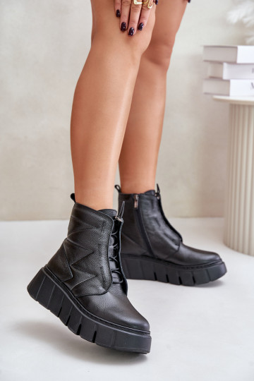 Bottines en cuir avec plateforme sur talonnette Zazoo 60472, couleur noire 2