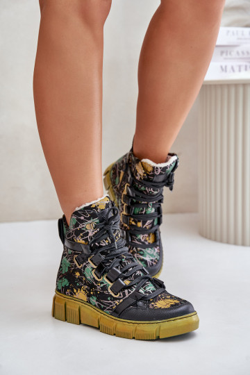 Bottines en cuir à semelle plate avec lacets Tai Turiciejka 06158-07, couleur jaune-noir