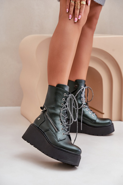 Peau Bottines de travail avec une plateforme I Koturnie Il fautciejka 06676-09 couleur verte