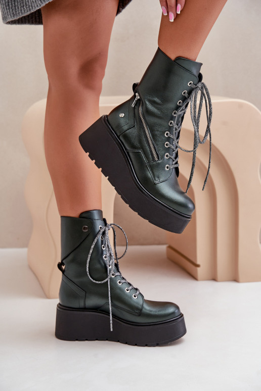 Peau Bottines de travail avec une plateforme I Koturnie Il fautciejka 06676-09 couleur verte