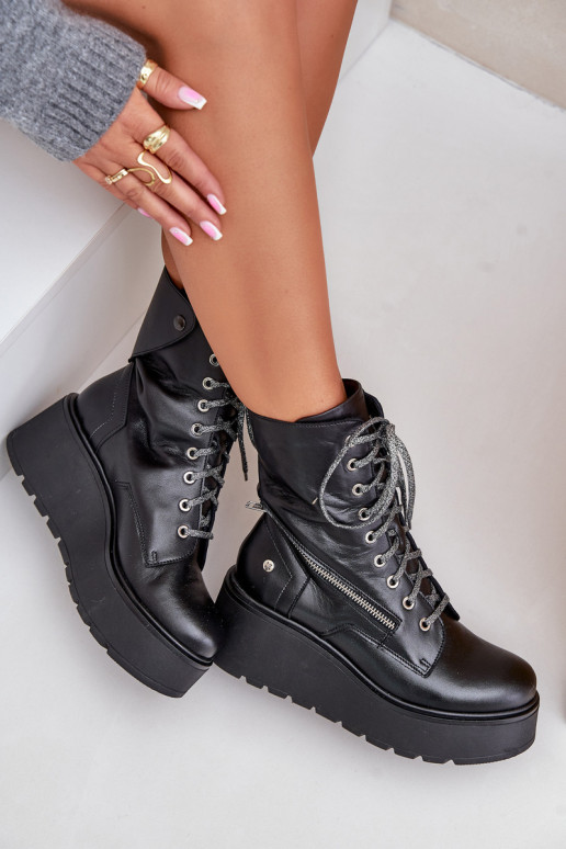 Peau Bottines de travail avec une plateforme I Koturnie Il fautciejka 06676-01 couleur noire Peau Bottines de travail avec une plateforme I Koturnie Il fautciejka 06676-01 couleur noire