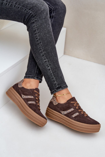 Bottes de sport en daim à plateforme avec motifs léopard, couleur chocolat