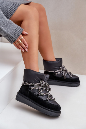 Bottes de neige pour femmes en daim avec grandes boucles de lacets, couleur noire
