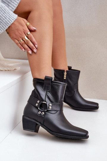 Bottines en cuir naturel avec talons, couleur noire