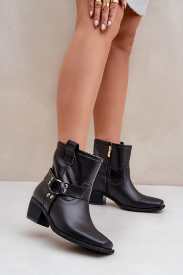 Bottines en cuir naturel avec talons, couleur noire 2