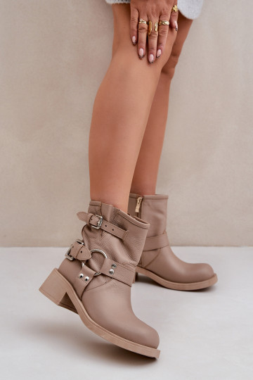 Bottines en cuir pour femmes à talon bas avec lanières Zazoo 3644 couleur sable 2
