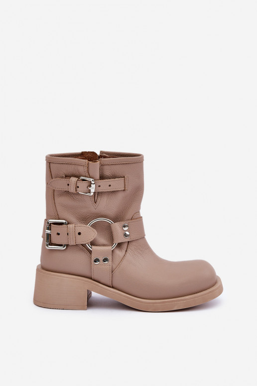 Peau Bottes pour femmes Sur un talon bas Klocku avec des bandes Zazoo 3644 beige Peau Bottes pour femmes Sur un talon bas Klocku avec des bandes Zazoo 3644 beige