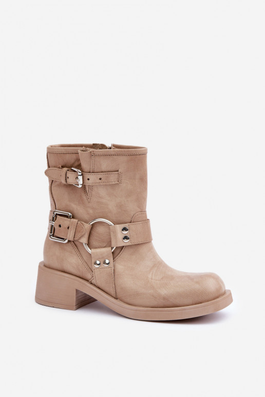 Peau Bottes pour femmes Sur un talon bas Klocku avec des bandes Zazoo 3644 beige Peau Bottes pour femmes Sur un talon bas Klocku avec des bandes Zazoo 3644 beige