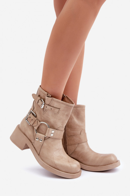 Peau Bottes pour femmes Sur un talon bas Klocku avec des bandes Zazoo 3644 beige Peau Bottes pour femmes Sur un talon bas Klocku avec des bandes Zazoo 3644 beige