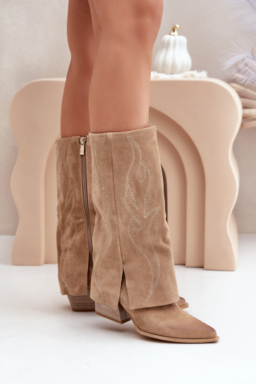Bottes en daim mi-mollet avec col brodé et talons Zazoo 3487 couleur sable 2