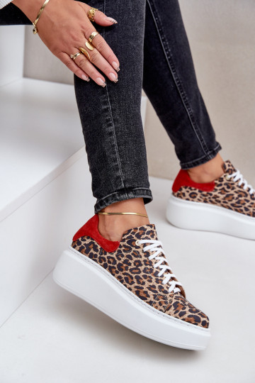 Peau Chaussures modèle baskets avec une plateforme avec des motifs en fourrure de léopard Zazoo 3346 brun-couleur rouge