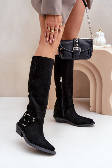 en daim bottes style coÀ-boy Sur un talon bas avec des ornements Zazoo 3656 couleur noire
