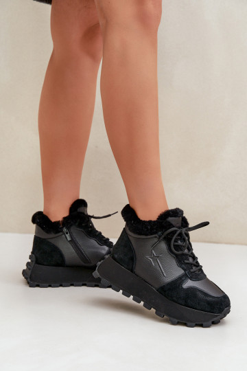 Baskets en cuir pour femmes avec fourrure et plateforme Big Star OO274A329 couleur noire