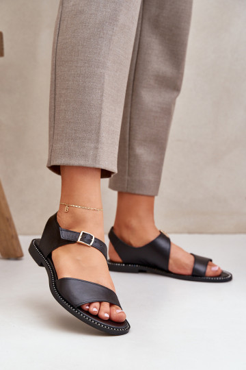 Sandales plates en cuir pour femmes Zazoo 3014 couleur noire