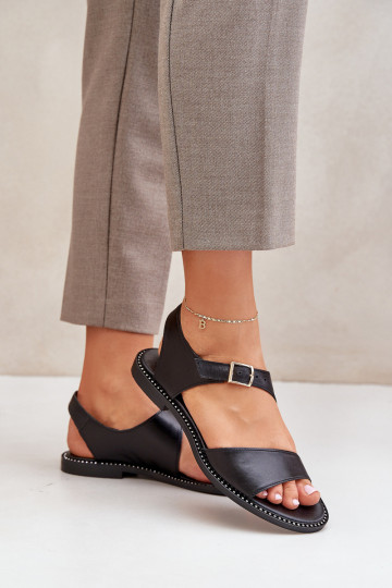 Sandales plates en cuir pour femmes Zazoo 3014 couleur noire 2