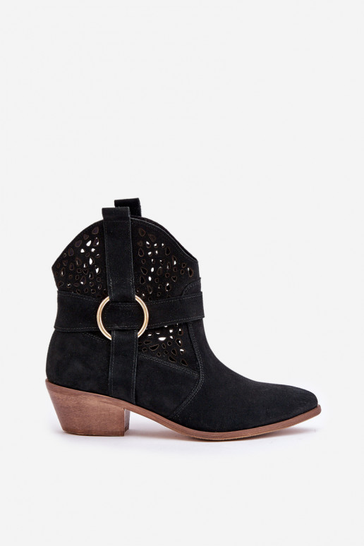 Chaussures en daim style coÀ-boy avec des éléments ajourés avec des talons Zazoo 2994 couleur noire Chaussures en daim style coÀ-boy avec des éléments ajourés avec des talons Zazoo 2994 couleur noire