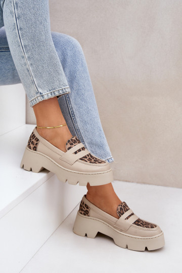 Mocassins en cuir pour femmes avec plateforme et détails en motif léopard Zazoo 20191 couleur ivoire