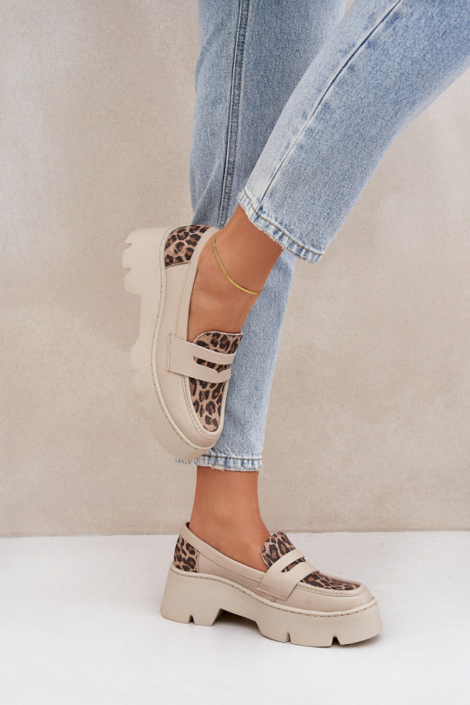 Peau Mocassins plateforme femme Et des talons plats avec des motifs en fourrure de léopard Zazoo 20191 couleur ivoire Peau Mocassins plateforme femme Et des talons plats avec des motifs en fourrure de léopard Zazoo 20191 couleur ivoire