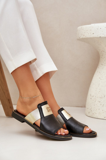 Style élégant Chaussons Fabriqué en cuir naturel avec des talons larges Zazoo 40423 couleur noire