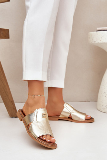 Style élégant Chaussons Fabriqué en cuir naturel avec des talons larges Zazoo 40423 couleur dorée