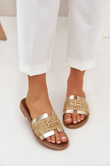 Pantoufles en cuir Avec des décorations Detalem I Plecionką Zazoo 40426 couleur dorée